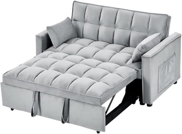 Sleeper Sofa Couch W/Pull Out Bed, 55" Velvet Convertible Sleeper Sofa Bed, W/Pillows & Side