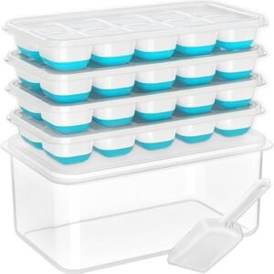 DOQAUS Ice Cube Tray with Lid and Bin, 4 Pack Silicone Plastic Ice Cubes Trays for Freezer with Box/Container, Stackable with Storage Iced Bucket...